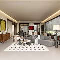 Gray Sectional Sofa with Throw Pillows Blanket Coffee Table and Bookshelves on Diamond Pattern Rug
