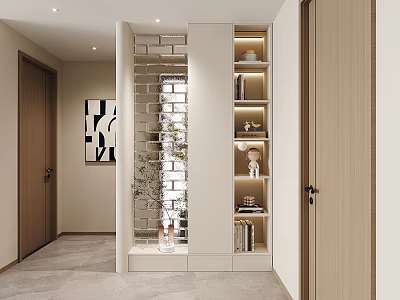 Minimalist Foyer Hallway With Brick Wall And Built In Shelves 3d model