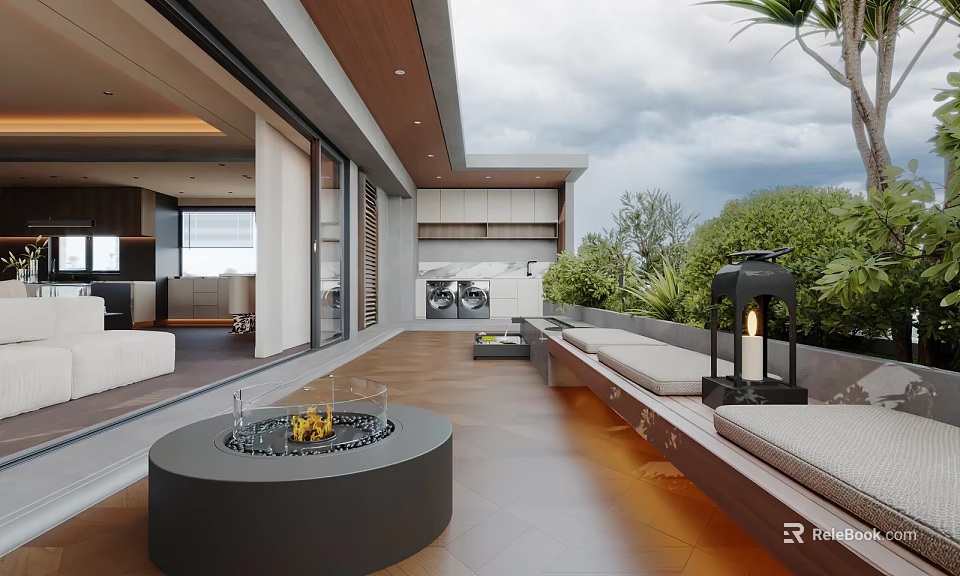 Modern Garden Terrace With Fire Pit Benches Lantern And Lush Green Plants 3d model 