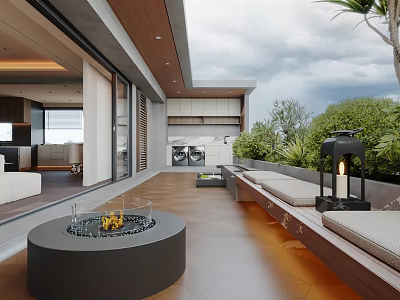 Modern Garden Terrace With Fire Pit Benches Lantern And Lush Green Plants 3d model