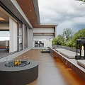 Modern Garden Terrace With Fire Pit Benches Lantern And Lush Green Plants