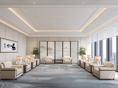 Elegant Hotel Public Lounge With Beige Sofas Coffee Tables Landscape Paintings And Green Plants 3d model