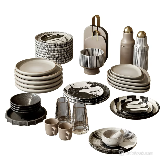 Modern Dinnerware Set With Plates Bowls Cups And Salt Pepper Shakers In Neutral Tones 3d model 
