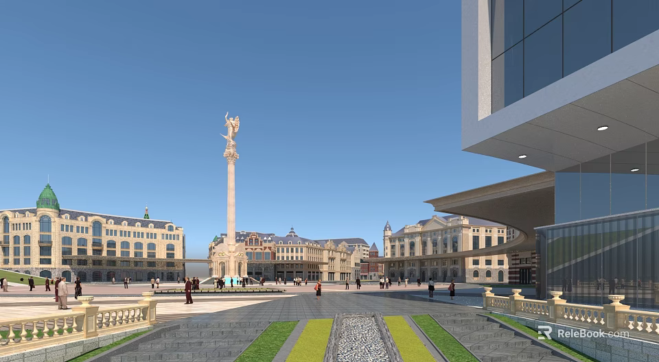 Vibrant Commercial Street with Square Statue Historic Buildings and Pedestrian Activity 3d model 