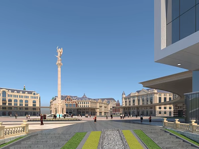 Vibrant Commercial Street with Square Statue Historic Buildings and Pedestrian Activity 3d model