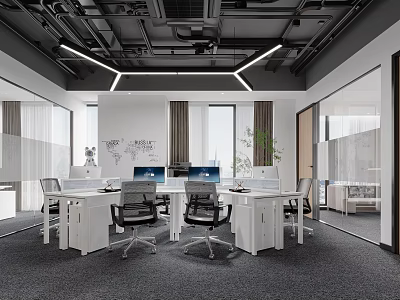 Modern Public Office Space With Open Layout Desks Computers Ergonomic Chairs And Lighting 3d model
