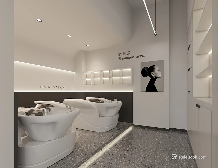 Modern Hair Salon Interior Design Showcasing Shampoo Area With White Styling Chairs And Lighting 3d model 