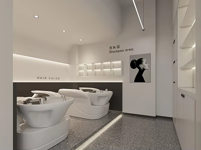 Modern Hair Salon Interior Design Showcasing Shampoo Area With White Styling Chairs And Lighting 3d model