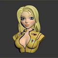 3D Woman Bust With Blonde Hair Blue Eyes Yellow Tight Outfit And Badges
