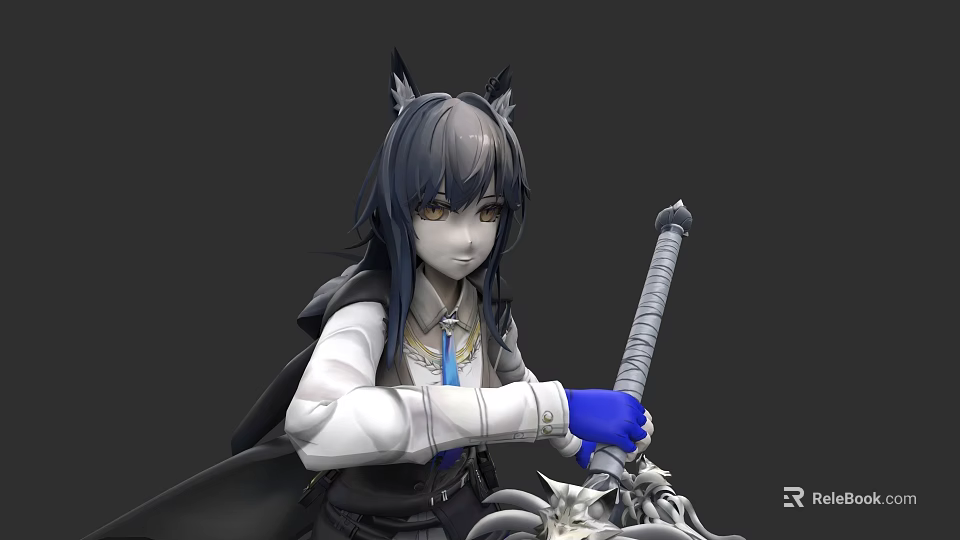 Game and Movie Character With Cat Ears Long Black Hair White Top Blue Gloves Holding Staff 3d model 