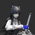 Game and Movie Character With Cat Ears Long Black Hair White Top Blue Gloves Holding Staff