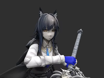 Game and Movie Character With Cat Ears Long Black Hair White Top Blue Gloves Holding Staff 3d model