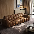 Modern Living Room Interior With Brown Leather Sofa Wooden Wall Artwork Floor Lamp And Rug
