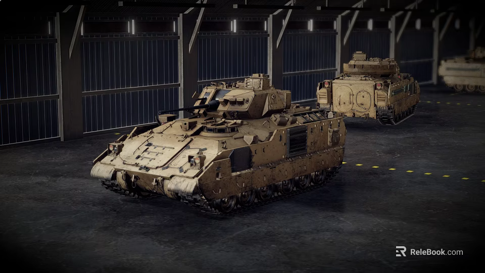 Two Sand Colored Military Tanks With Tracks Parked In Industrial Warehouse 3d model 