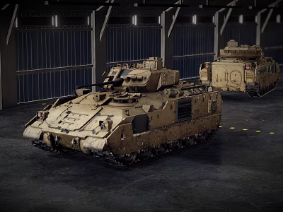 Two Sand Colored Military Tanks With Tracks Parked In Industrial Warehouse 3d model