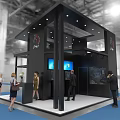 Black White Modern Exhibition Booth With Open Structure Ceiling Lights Display Images and Blue Carpet Area