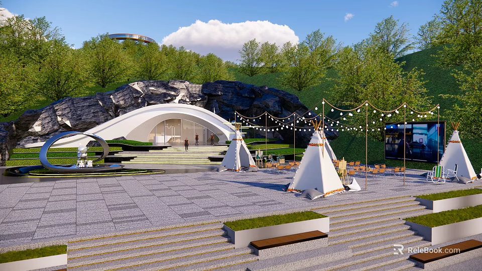 Modern Outdoor Event Plaza Space With Curved Building Tents Steps Trees And String Lights 3d model 