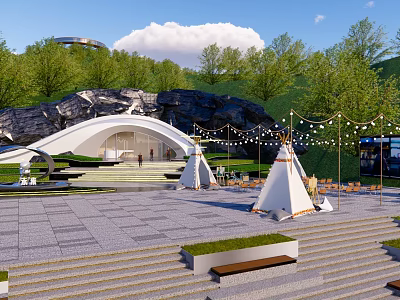 Modern Outdoor Event Plaza Space With Curved Building Tents Steps Trees And String Lights 3d model