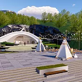 Modern Outdoor Event Plaza Space With Curved Building Tents Steps Trees And String Lights