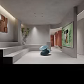 Modern Luxury Display Space With Colorful Items Display Cabinets White Counter Chairs And Plants