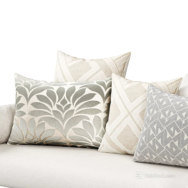 Modern Throw Pillows with Leaf and Geometric Patterns in Neutral Beige Gray Tones 3d model