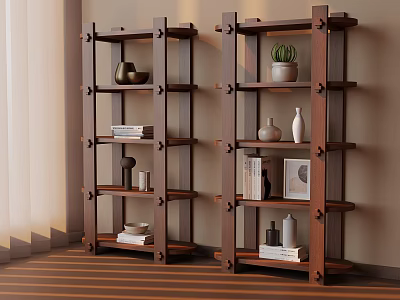 Stylish Wooden Bookshelves Displaying Books Vases Potted Plant And Decorative Items 3d model