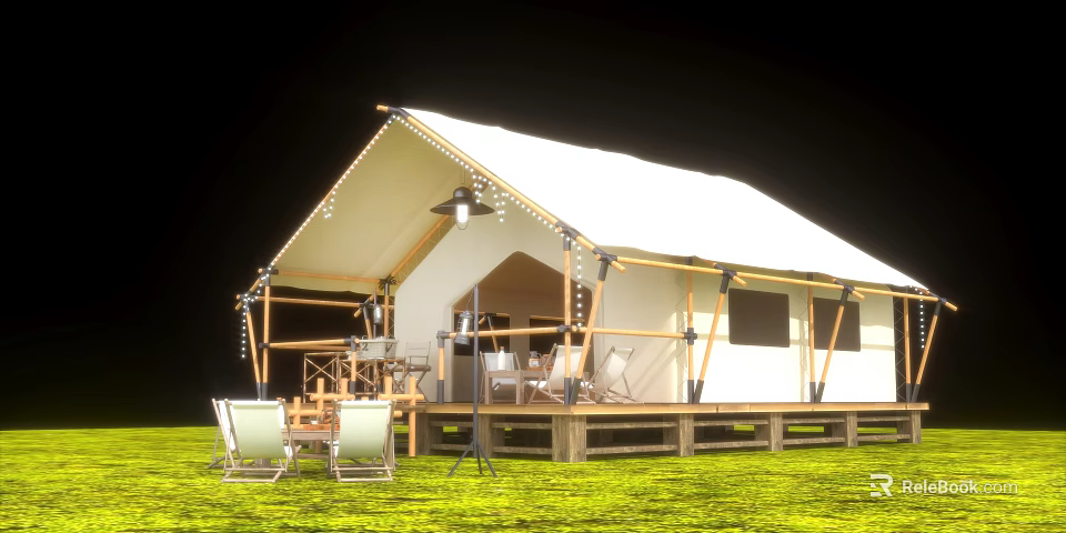 Outdoor Canopy With Wooden Frame String Lights And Green Lawn Setup 3d model 