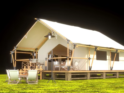 Outdoor Canopy With Wooden Frame String Lights And Green Lawn Setup 3d model