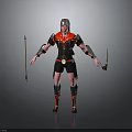 Man Wearing Black and Red Armor With Helmet Holding Two Swords Standing Against Black Background