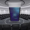 Modern Cultural Center Interior With Circular Ceiling Central Display Pillar And Tech Inspired Graphics 3d model