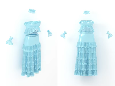 Light Blue Ruffled Lace Dress With Matching Hat And Bow Details 3d model