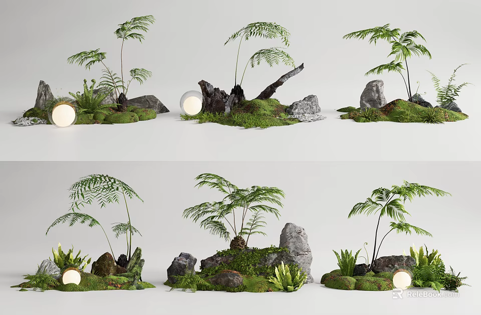 Lush Garden Courtyard Featuring Ferns Stones Moss Logs And Round Lights 3d model 