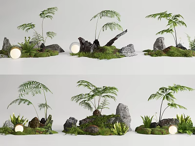 Lush Garden Courtyard Featuring Ferns Stones Moss Logs And Round Lights 3d model