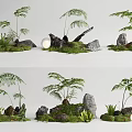 Lush Garden Courtyard Featuring Ferns Stones Moss Logs And Round Lights