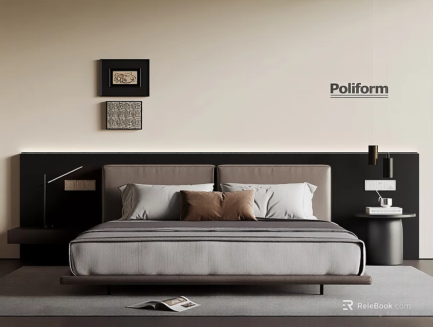 Modern Minimalist Double Bed With Dark Headboard Pillows Nightstand Lamp And Wall Paintings 3d model 