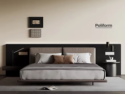 Modern Minimalist Double Bed With Dark Headboard Pillows Nightstand Lamp And Wall Paintings 3d model