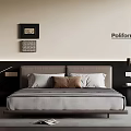 Modern Minimalist Double Bed With Dark Headboard Pillows Nightstand Lamp And Wall Paintings