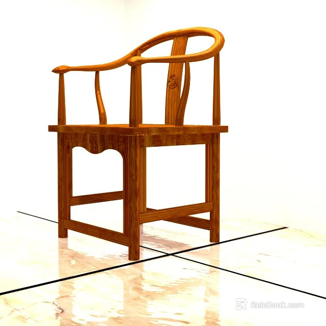 Traditional Chinese Wooden Armchair With Curved Armrests And Square Legs 3d model 