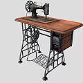 Vintage Sewing Machine On Wooden Table With Metal Frame And Storage Shelf