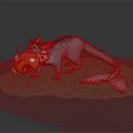 Blue Scaly Dragon with Long Tail Interacting with Orange Puffy Fish on Sandy Ground