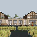 Traditional Countryside Guesthouse Building With Wooden Roof Large Windows Rice Fields Pond And Palm Trees