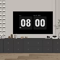 Modern TV Stand With Multiple Drawers Decorative Items And Floor Lamp On Textured Walls