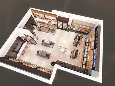 Modern Shopping Mall Retail Store Interior With Display Shelves Sofa Area And Plants 3d model