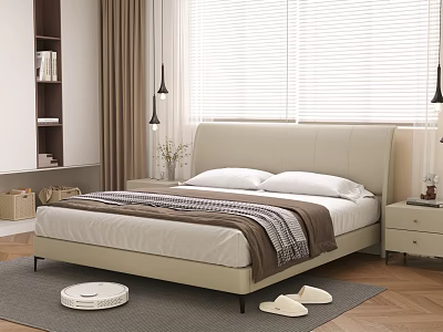 Double Bed with Beige Headboard White Sheets Brown Blanket Wooden Floor Window Curtains and Nightstand 3d model