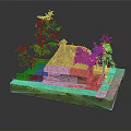 Charming Cartoon Scene With Thatched Roof Cottage Green Grass And Trees
