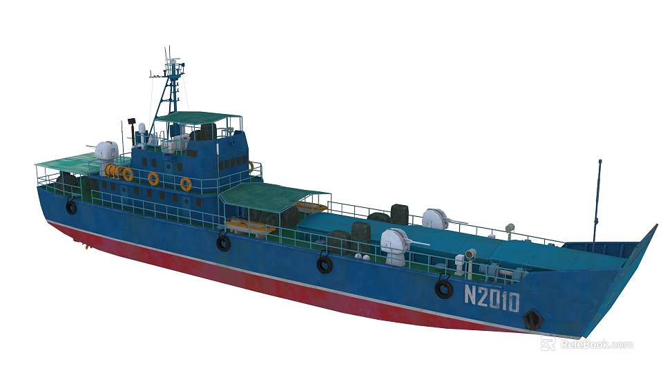 Warship With Blue Hull Red Bottom Green Canopy NZ01D And Life Rings 3d model 