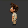 Cartoon Child Brown Curly Hair Big Eyes White T-shirt Khaki Pants Black Shoes Gray Background