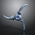 Tri Bladed Silver Metallic Weapon With Blue Gemstone Center Design 3d model