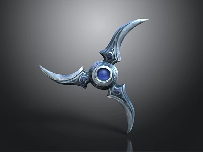 Tri Bladed Silver Metallic Weapon With Blue Gemstone Center Design 3d model