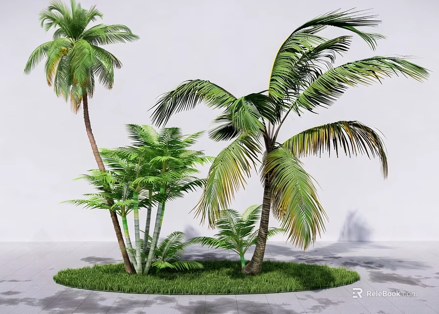 Tropical Palm Trees with Lush Green Grass and Foliage in Garden Landscaping Scene 3d model 